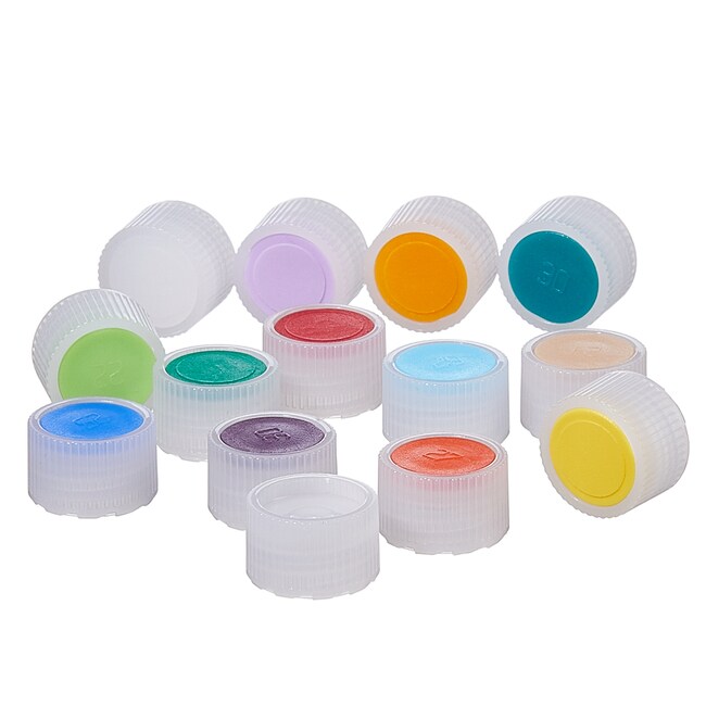 Nalgene™ HDPE 微量包装样品瓶颜色标记加高型瓶盖:未灭菌