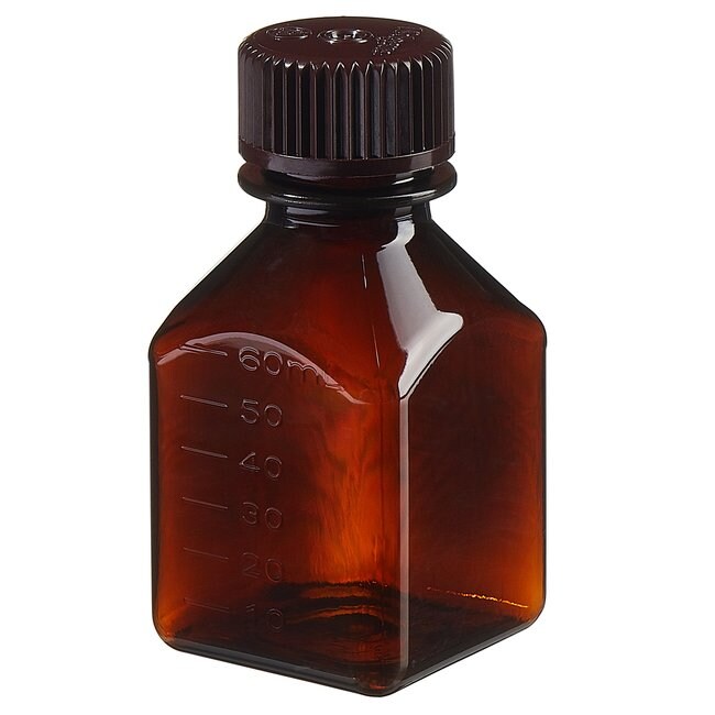 Nalgene&trade; 方形琥珀色 PETG 带盖培养基瓶：非无菌，热塑托盘包装