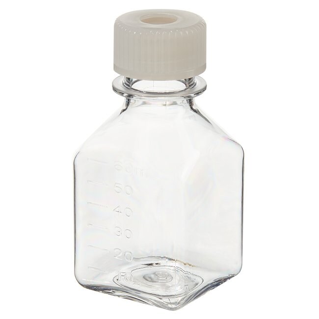 Nalgene&trade; PETG 带隔垫盖方型培养基瓶：无菌、热塑托盘装