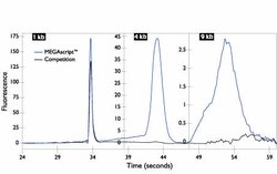 Electropherogram of RNA transcripts of different sizes from two transcription systems: