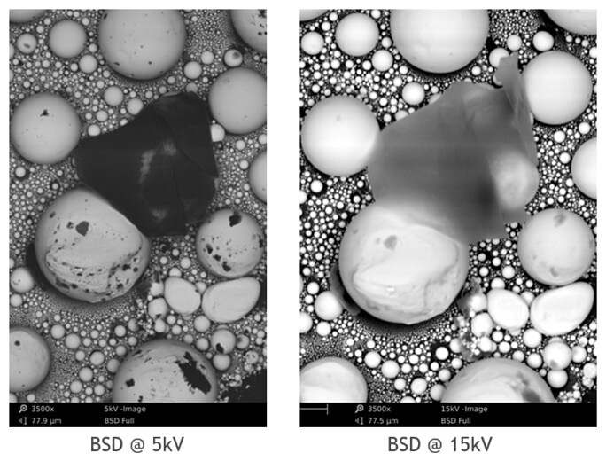 BSE images of a tin ball sample with carbon dirt flakes taken with 5kV and 15kV beam acceleration voltages. Since the dirt flakes are very shallow, they become less visible when a 15kV acceleration voltage is used.