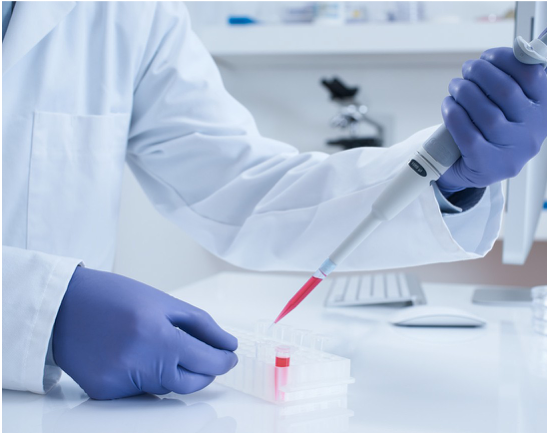A researcher with gloved hands uses a pipette