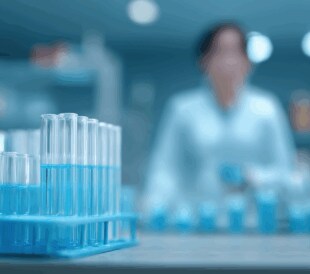 A set of test tubes filled with blue liquid in a rack on a laboratory bench, with a scientist in a lab coat blurred in the background.