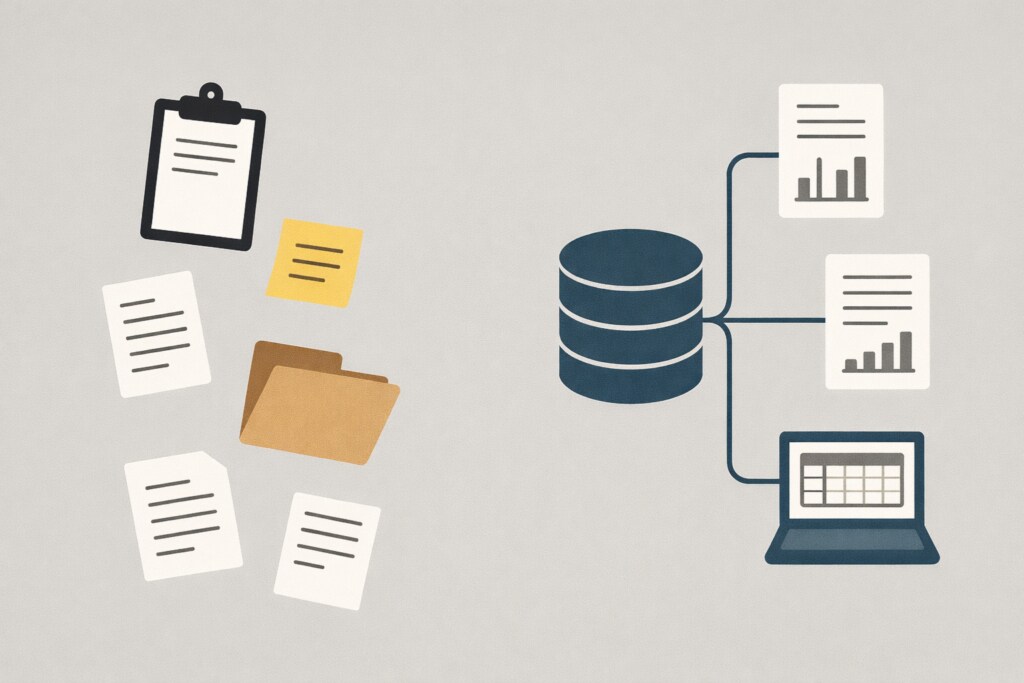 Illustration of scattered documents converting into a centralized database and reports.