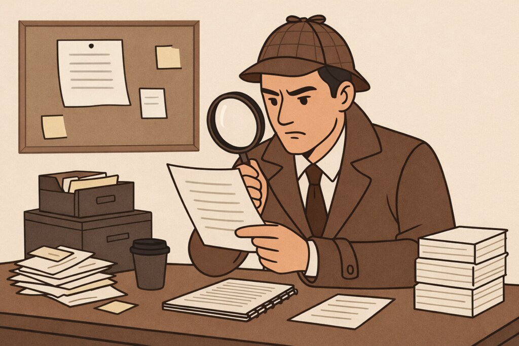 Illustrated detective examining a document with a magnifying glass at a cluttered desk.