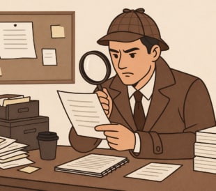 Illustrated detective examining a document with a magnifying glass at a cluttered desk.