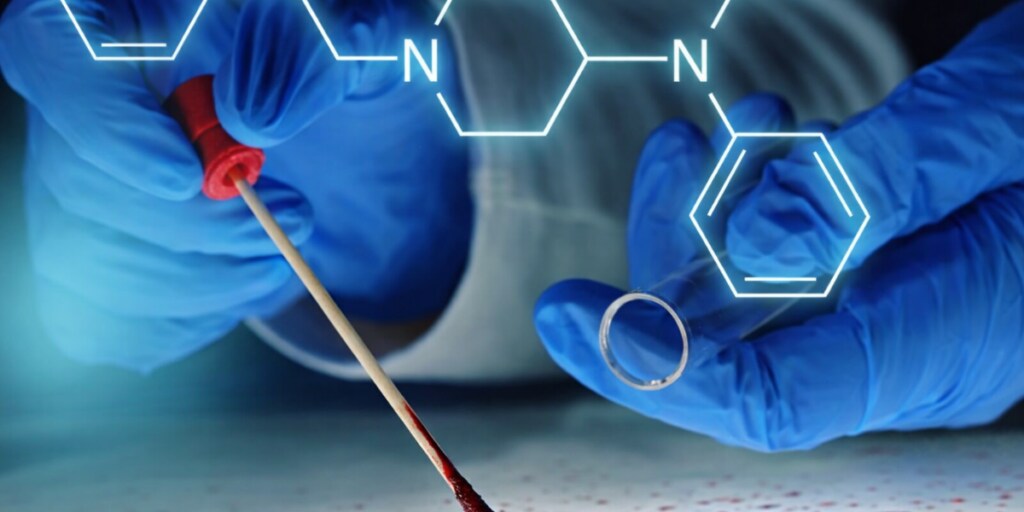 Gloved hands holding a blood sample swab and vial with chemical structures overlaid.