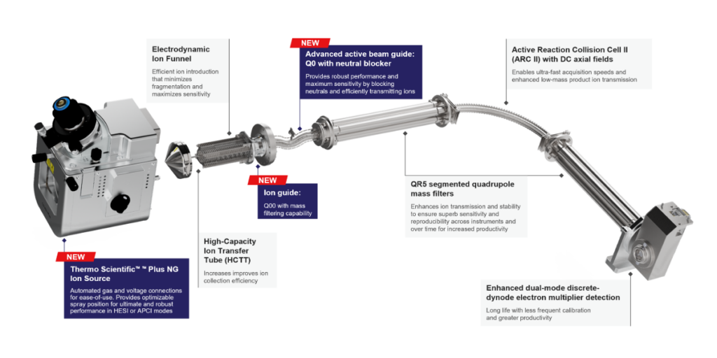 Labeled diagram of a Thermo Scientific triple quadrupole mass spectrometer ion path and components.