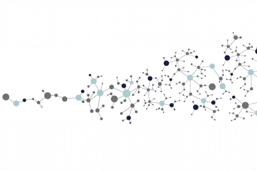 Abstract molecular network graphic with connected nodes in blue and gray.