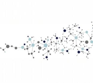 Abstract molecular network graphic with connected nodes in blue and gray.