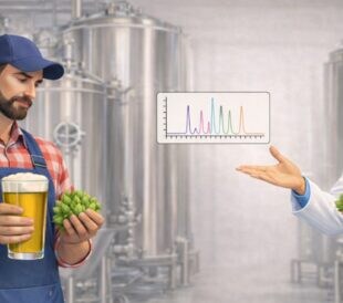 Brewer and scientist examining hops and beer with chromatography graph overlay.