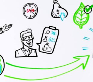 Illustrated scientists, sustainability icons, and arrow pointing to a laboratory instrument.