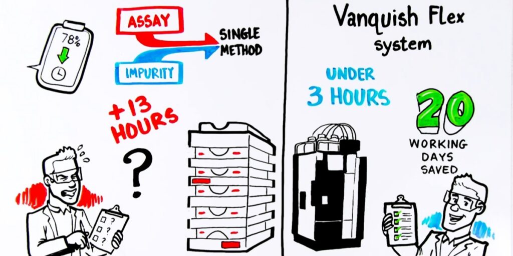 Illustration comparing lengthy assay methods with faster Vanquish Flex system saving time.