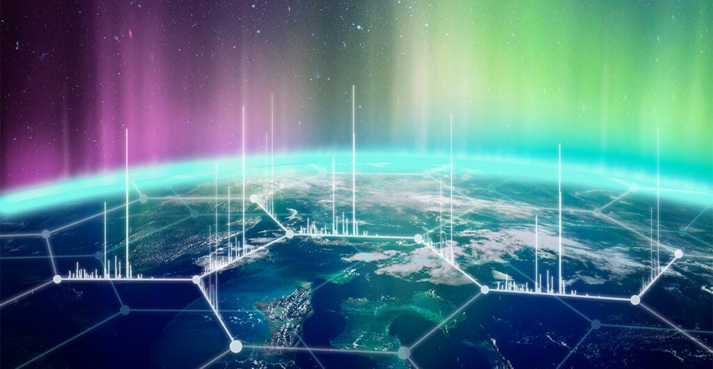 Planet viewed from space with colorful aurora and overlaid global data network graphics.
