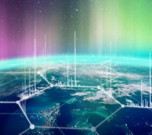 Planet viewed from space with colorful aurora and overlaid global data network graphics.