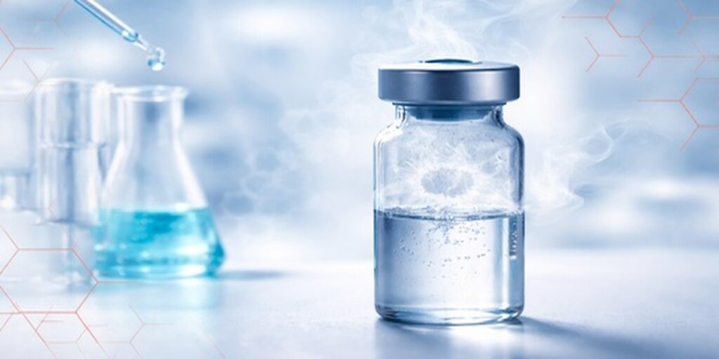 Sealed vial with vapor above liquid, laboratory glassware blurred in background.