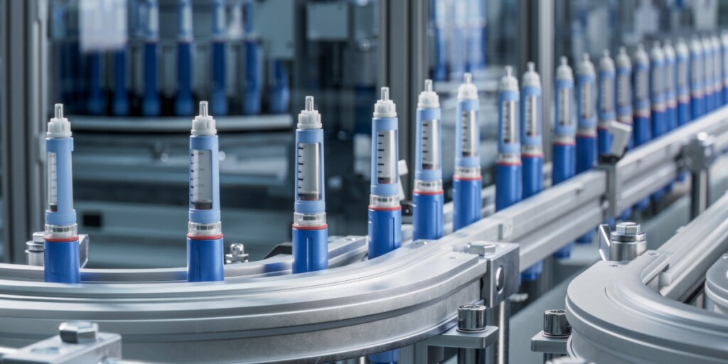 Automated production line filling and transporting medical injection pens in a factory.