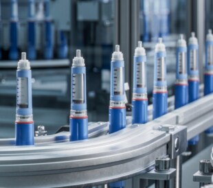 Automated production line filling and transporting medical injection pens in a factory.