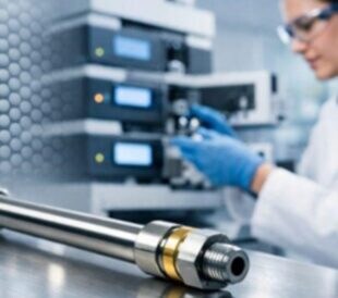 Chromatography column in foreground with scientist operating lab instruments in background.