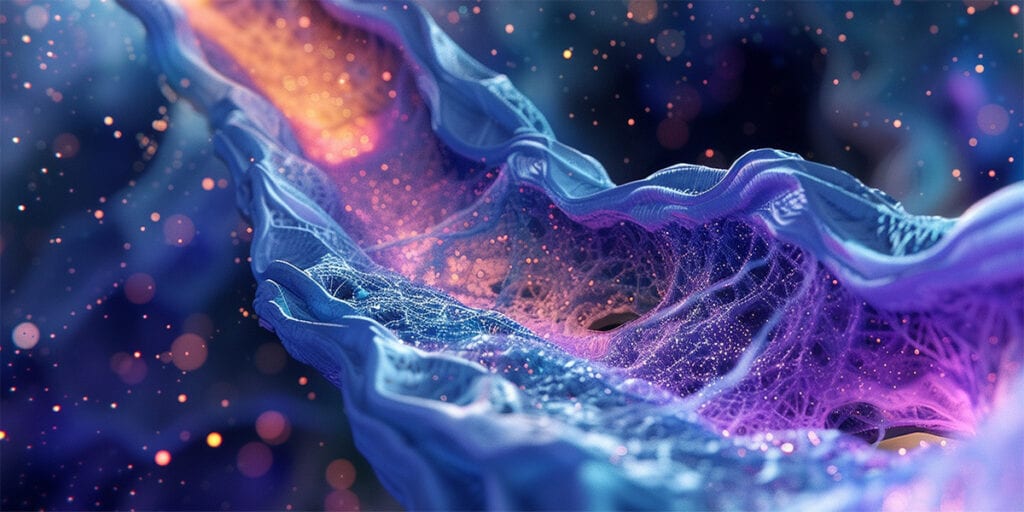 Abstract flowing mesh of purple and blue textures with glowing particles.