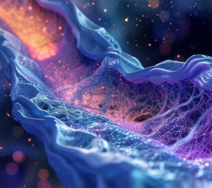 Abstract flowing mesh of purple and blue textures with glowing particles.