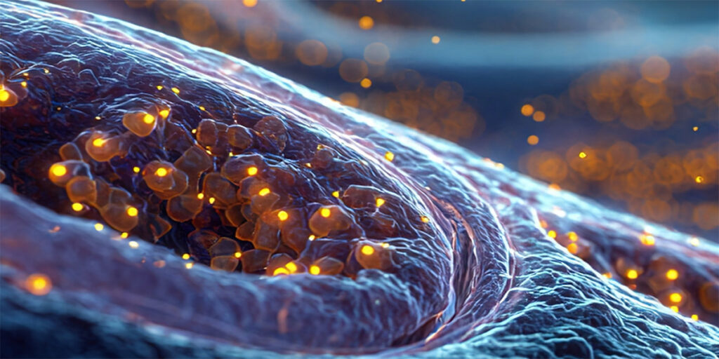Close-up illustration of cellular structure with glowing particles inside tissue