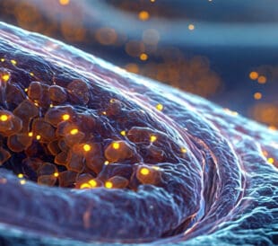 Close-up illustration of cellular structure with glowing particles inside tissue