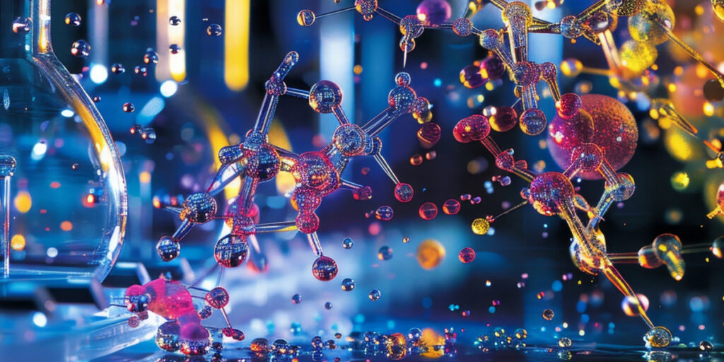 Colorful 3D molecular structures and lab glassware in a vibrant scientific illustration.