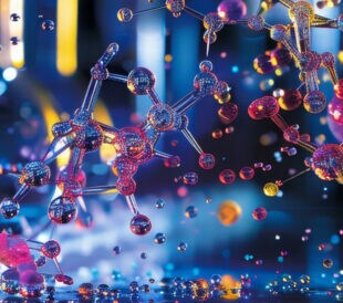 Colorful 3D molecular structures and lab glassware in a vibrant scientific illustration.