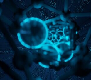 Abstract blue molecular structure with interconnected shapes and glowing particles.