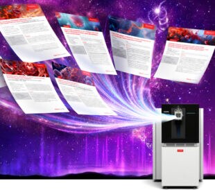 Scientific documents flowing from a mass spectrometer in a cosmic background illustration.