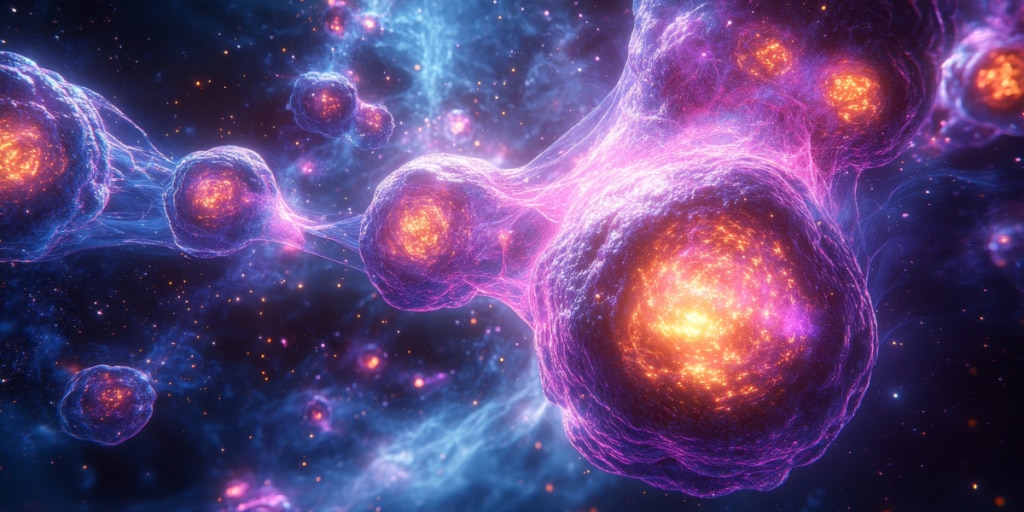Abstract illustration of glowing interconnected neurons or cells with bright cores in a cosmic background.