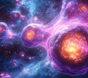 Abstract illustration of glowing interconnected neurons or cells with bright cores in a cosmic background.