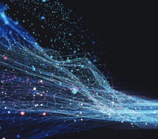 Abstract digital wave of interconnected nodes and particles flowing across a dark background.