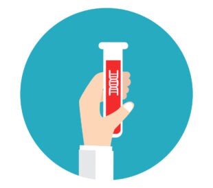 A graphic of a vial holding blood and DNA represents a liquid biopsy