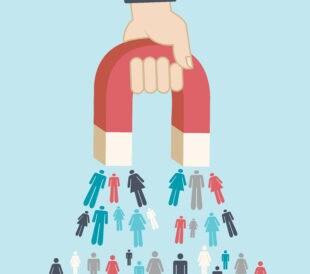 A graphic of a hand holding a magnet that attracts small men and women symbols