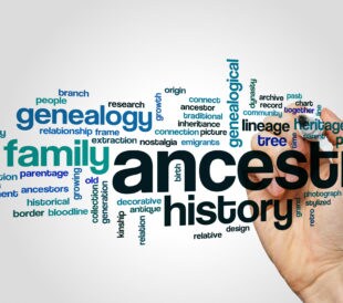 A word cloud of words related to ancestry and genetics