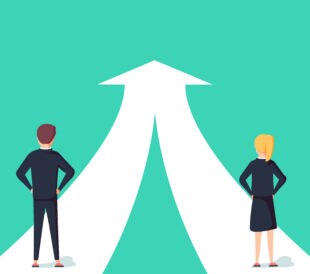 A graphic shows two people converging from separate roads onto one.