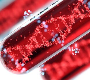 A macro image of a blood vial with a graphic of DNA in it represents liquid biopsy techniques.