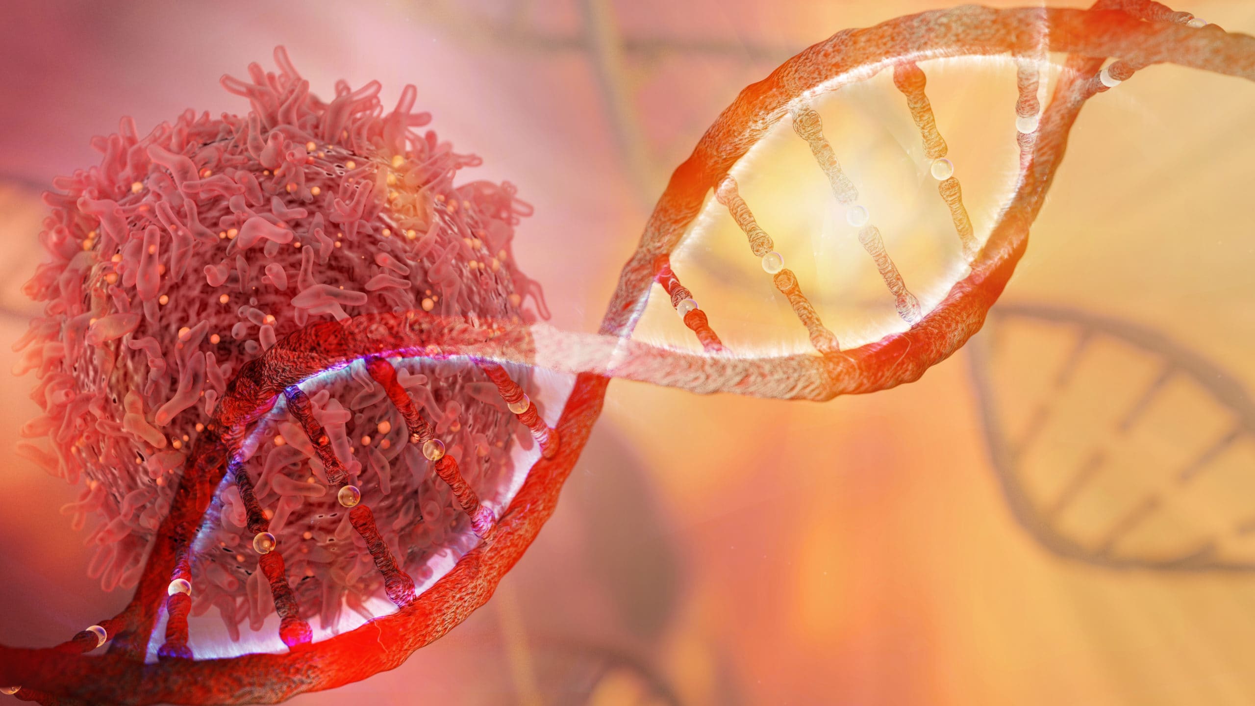 A graphic representing immunooncology research shows a cell and a double helix of DNA