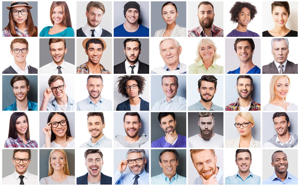 A matrix of headshots of a diverse group of people represents the genetic diversity of biobanks