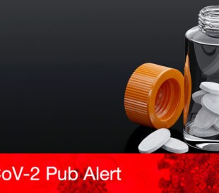 A glass bottle of white pills in front of a dark background, representing drug repurposing for SARS-CoV-2