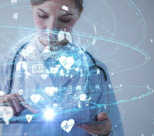A researcher looks at a tablet, surrounded by graphics that represent participant data in large-scale genomics screening program