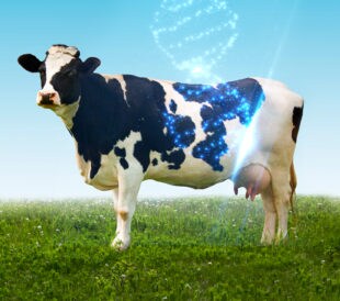 concept imagery of cow in pasture with glowing DNA strand coming down from sky