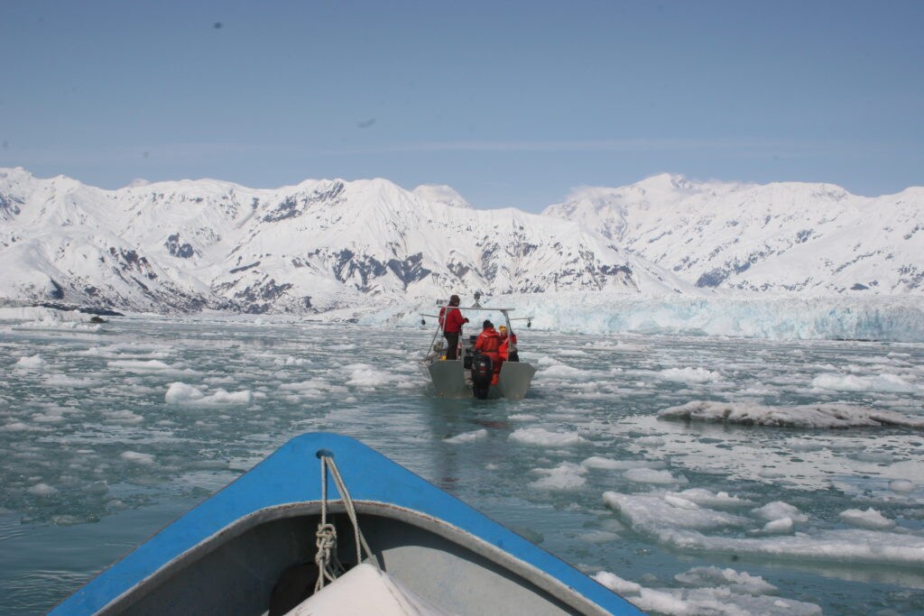 Scientists in a boat amidst the Arctic waters and ice flows.