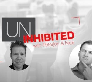 A graphic shows headshots of two men with the title Uninhibited with Peterjon and Nick