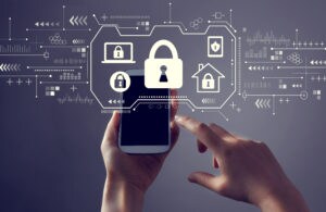 two hands with mobile device and multiple secure data connection sources concept art overlaid