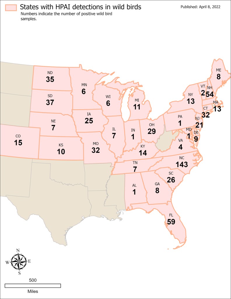map of eastern half of united states with wild birds H P A I outbreak highlighted by state