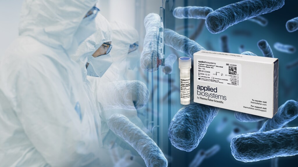 Applied Biosystems QualTrak qPCR Ecosystem for BioPharma Applied Biosystems Bactopure product box in a laboratory being used by scientists in clean room suits and masks.