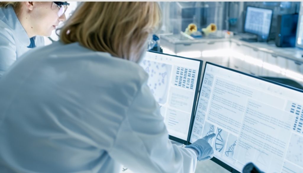 scientists viewing dna quality control data on computer screens